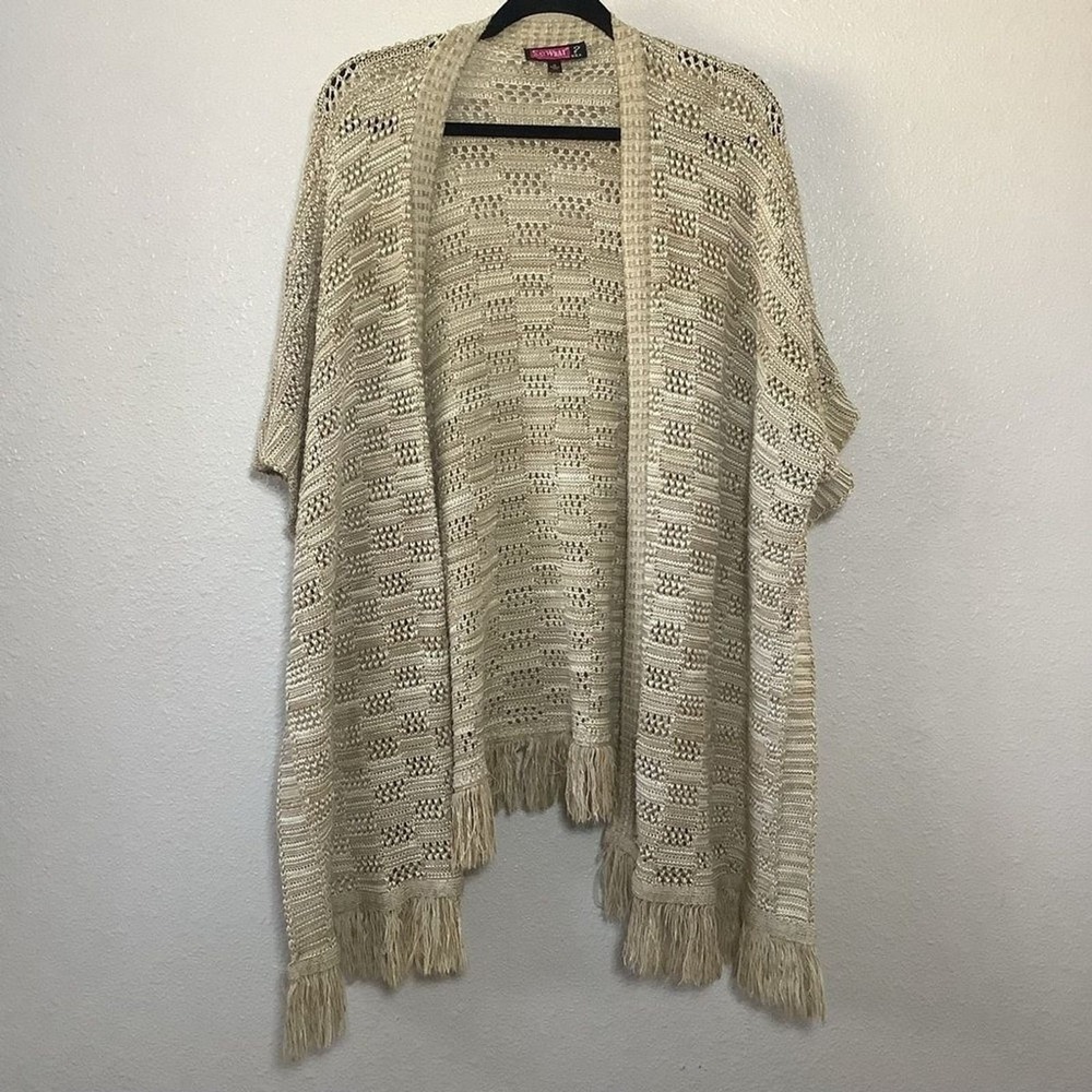 Tan Knitted Bohemian Oversized Neutral All Season Fringe Open Long‎ Cardigan M